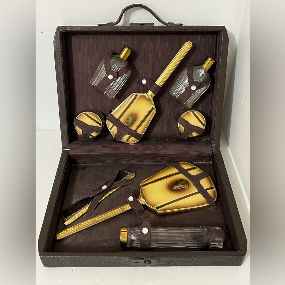 Complete Vintage Train Case or Vanity Travel Set is Glass and Brass